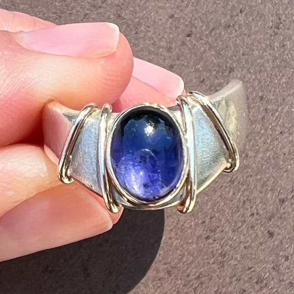Sterling silver 10K yellow gold natural Cabochon Tanzanite gemstone ring size 5